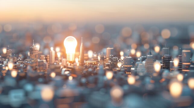 Futuristic Metropolis with Giant Lightbulb Skyscrapers Illuminating the Night Sky - A Vision of Creativity and Innovation