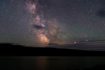 stars mountains lake milky way sky night