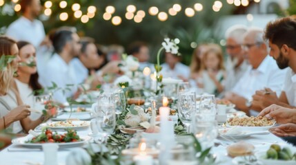 Diverse Multi-Generational Family Enjoying Festive Outdoor Dinner at Dusk