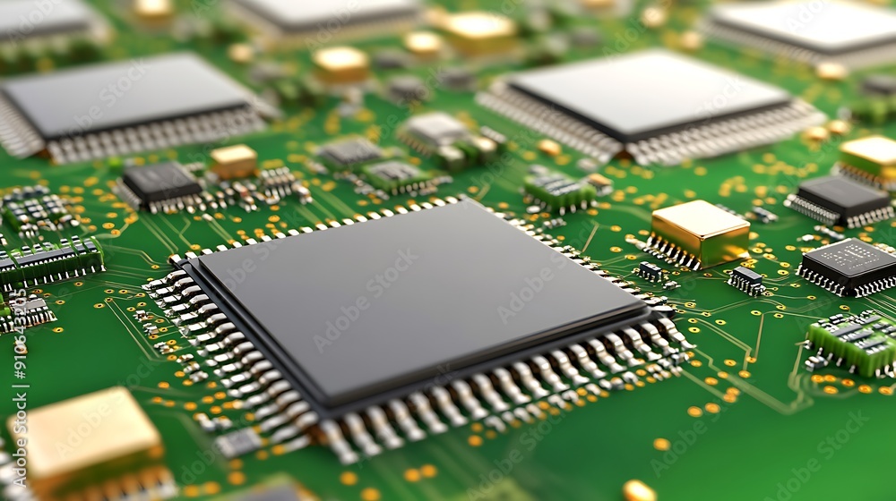 Poster close-up of a high-tech circuit board with a microprocessor: the heart of modern electronics and inn