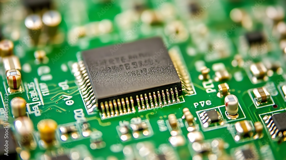 Poster close-up of a high-tech circuit board with a microprocessor: the heart of modern electronics and inn