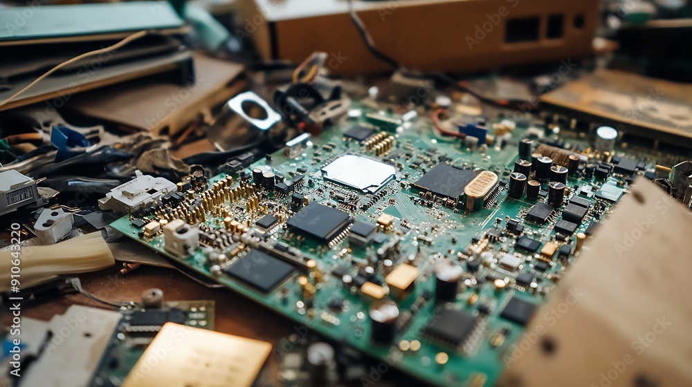 Poster close-up of a high-tech circuit board with a microprocessor: the heart of modern electronics and inn