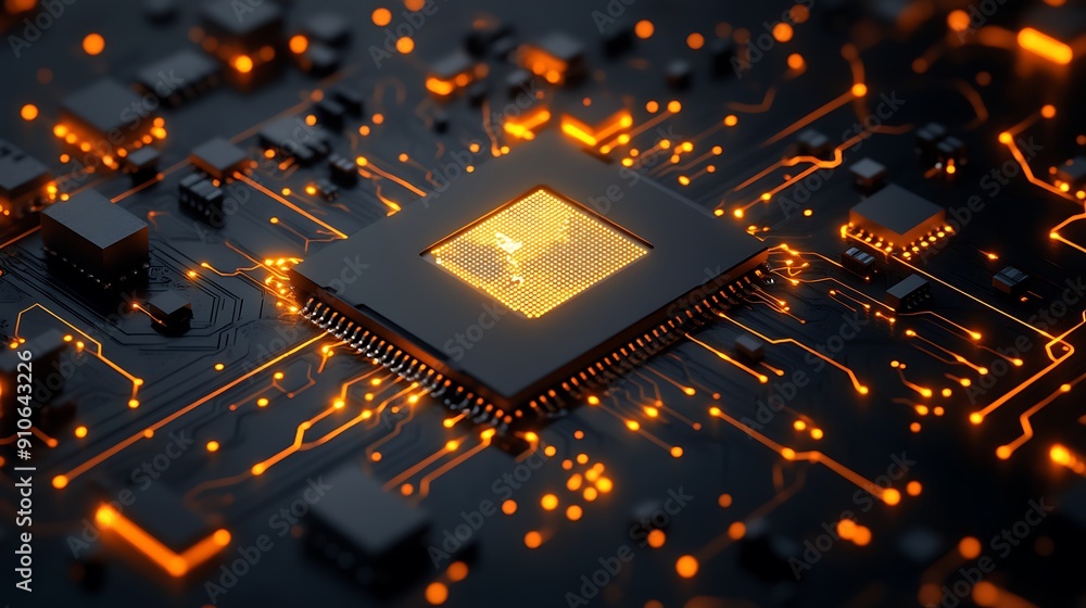Poster close-up of a high-tech circuit board with a microprocessor: the heart of modern electronics and inn