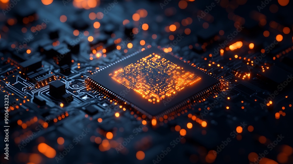 Poster close-up of a high-tech circuit board with a microprocessor: the heart of modern electronics and inn