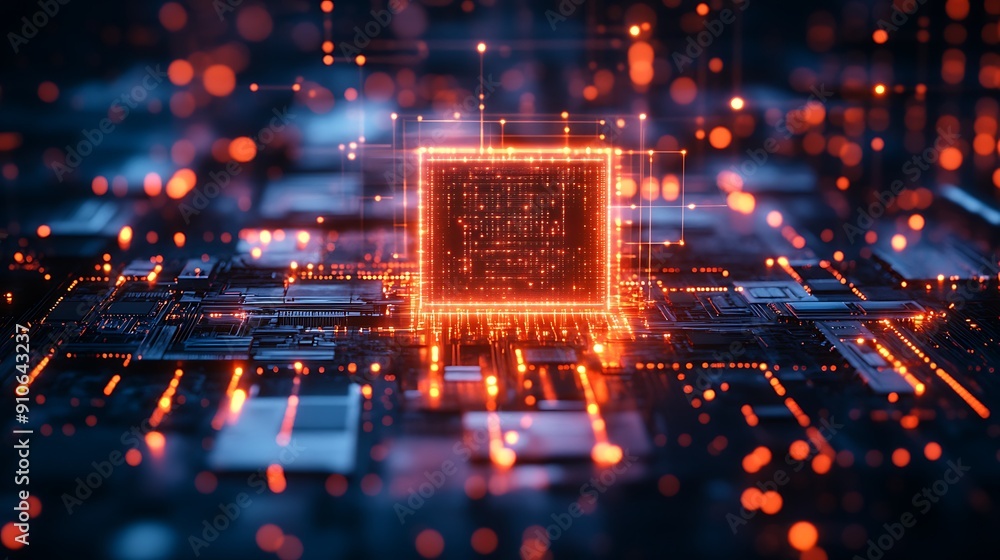 Poster close-up of a high-tech circuit board with a microprocessor: the heart of modern electronics and inn