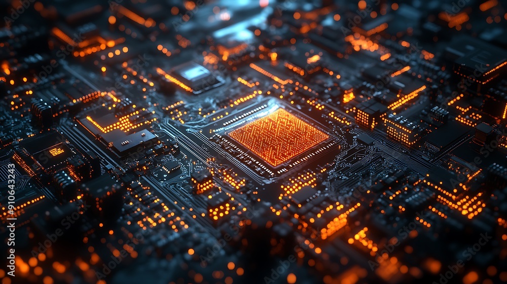 Poster close-up of a high-tech circuit board with a microprocessor: the heart of modern electronics and inn