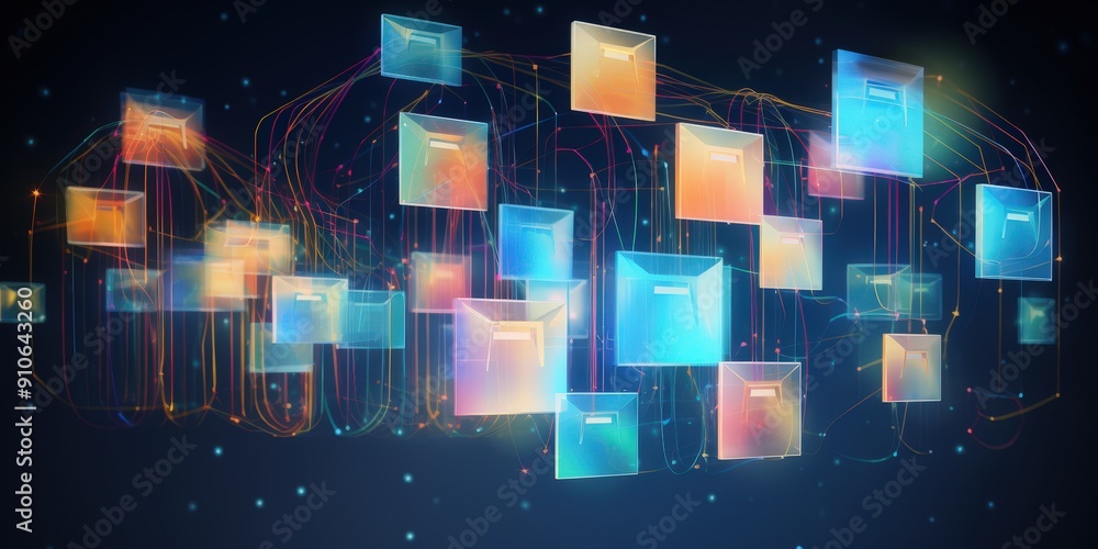 Poster abstract network grid with files and folders, futuristic software interface, digital document manage