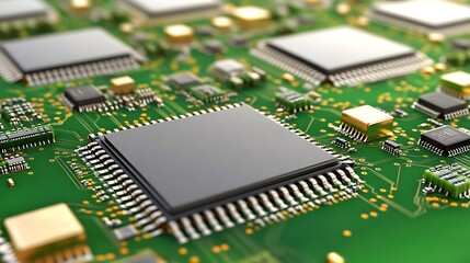 Close-Up of a High-Tech Circuit Board with a Microprocessor: The Heart of Modern Electronics and Innovation