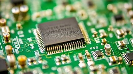 Close-Up of a High-Tech Circuit Board with a Microprocessor: The Heart of Modern Electronics and Innovation