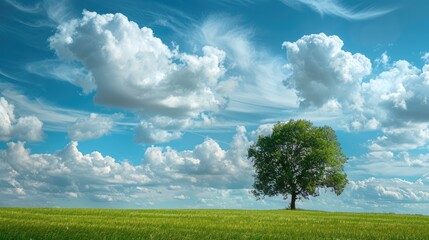 A lone tree stands in a field with a cloudy blue sky overhead.