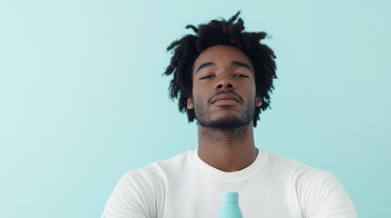 Obraz premium Young Black Man Practicing Yoga at Home During Financial Crisis, Minimalist Setting with Daytime Concentration and Slight Anxiety
