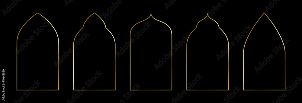 Poster Thin golden pointed arch set. Gold arc border frame collection in oriental style. Thin linear shining curve shape bundle. Glowing shiny boarder element pack for photo, cadre, poster, card. Vector