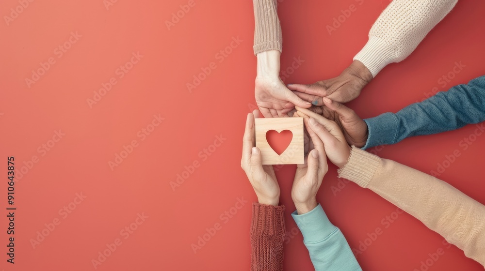 Poster diverse hands of all ages reaching for heart icon block representing unity and collaboration against