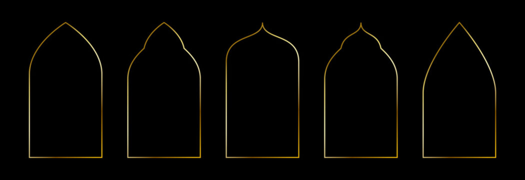 Thin golden pointed arch set. Gold arc border frame collection in oriental style. Thin linear shining curve shape bundle. Glowing shiny boarder element pack for photo, cadre, poster, card. Vector