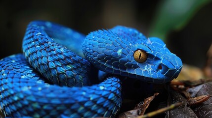 Fototapeta premium Close-up of a Blue-Colored Viper Snake with a Yellow Eye