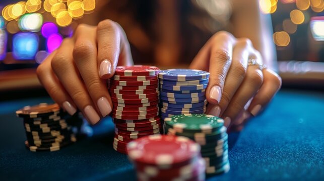 Female poker player All-In, casino, poker chips.