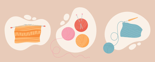 Fototapeta premium Knitting and sewing compositions with yarn balls, knitting needles, a crochet hook, and fabric. The designs showcase various stages of needlework and sewing projects, emphasizing the craft.