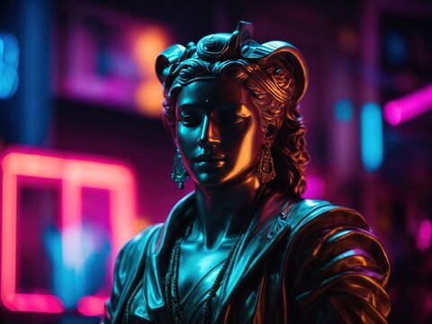 Statue in neon light background concept - Powered by Adobe