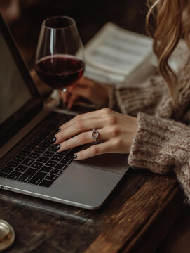 A woman's hands typing on a laptop with a glass of wine on the desk. She has long polished black fingernails. 
