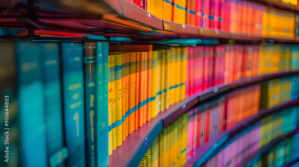 Aufkleber close-up of colorful books arranged on a curved shelf in a library, creating a vibrant and organized