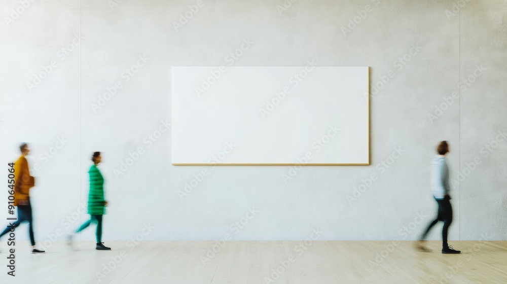 Poster serene modern indoor space with empty poster on smooth cream plaster wall, blurred motion of passers