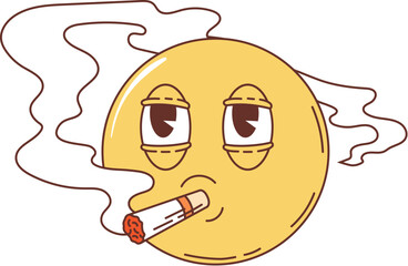Retro groovy hippie symbols of cartoon yellow face with a relaxed expression, smoking a cigarette with smoke swirls around the face. Isolated vector relaxed character enjoying marihuana or nicotine