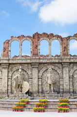 Greek Roman warriors and restored Roman walls tourist landscape. Warrior rome greek.