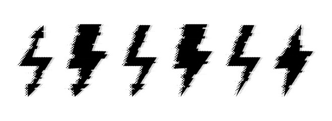 Halftone grunge lightning bolt collection. Dotted thunder bolt symbol set. Rough pixel flash thunderbolt element bundle for poster, banner, graphic design. Textured grain arrow sign pack. Vector