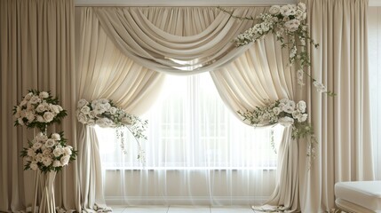 Gathered pleat beige curtains for wedding.