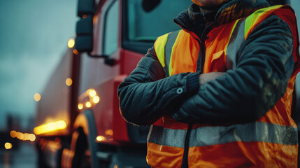Obraz premium Truck Driver in High Visibility Vest Standing with Arms Crossed in Front of Red Truck at Dusk