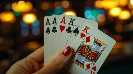 Poker game hands holding cards overhead.