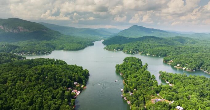 Aerial view of Lake Lure in Appalachian mountains, North Carolina, USA. American travel destination