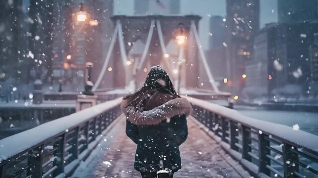 Women standing behind each other in warm frocks playing happily in a winter wonderland.
