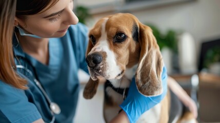 Young veterinarian wearing gloves and examining sick beagle dog in clinic