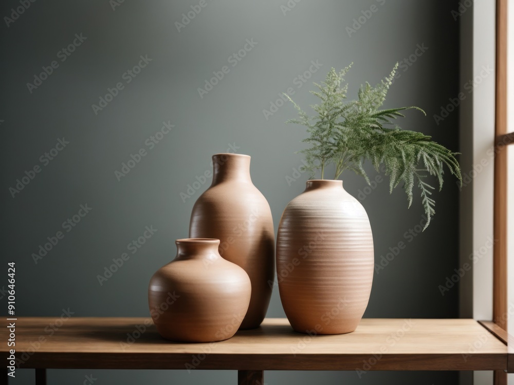 Wall mural Three ceramic vases on a wooden shelf