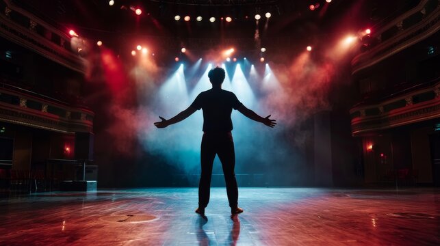 A passionate actor rehearsing on a theater stage. The image captures the intensity and emotion of a dramatic performance.