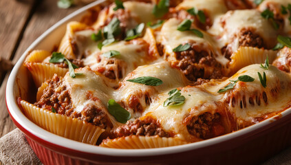 Classic stuffed pasta shells in an oven dish. Filled with ground beef and cheese