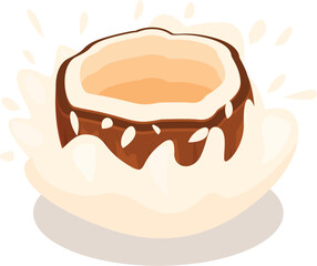 Coconut milk splashing around half of coconut shell filled with coconut milk