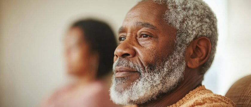 Elderly Black Man and Middle-Aged Hispanic Woman in Support Group Meeting in Home-Like Setting - Daytime - Sharing Experiences and Building Community