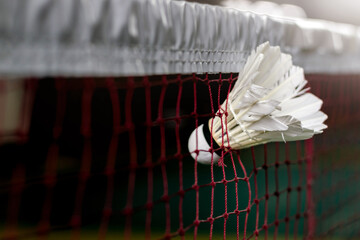 a player hit the shuttlecock so hard that it got stuck in the net, causing it to tear. The powerful shot left a hole in the net, marking a dramatic moment on the court, badminton background concept.