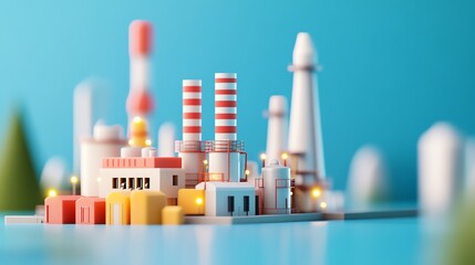 A colorful miniature industrial complex featuring factories and smokestacks against a vibrant blue background.