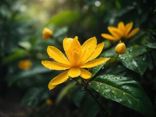 Tropical bright yellow flower growing in wildlife