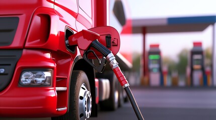 Red truck refueling at a gas station, showcasing a fuel nozzle and vibrant pumps in the background, perfect for transport themes.