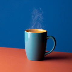 Blue hot cup of coffee with smoke on pastel blue background, copy space
