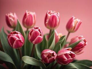 Obraz premium Tulip buds and leaves against pink background