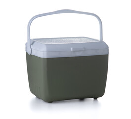 Green plastic cooler isolated on white background