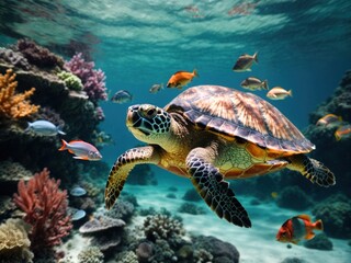 Fototapeta premium turtle with group of colorful fish and sea animals