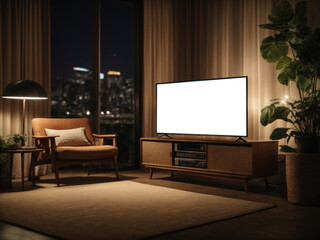 Tv mockup in living room at night