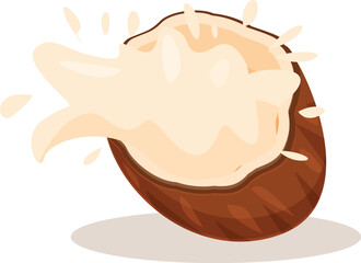 Coconut milk splashing from cracked coconut on white background