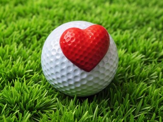A golf ball with a heart on it sits on lush green grass, symbolizing love for the game, perfect for special occasions or romantic golf enthusiasts.